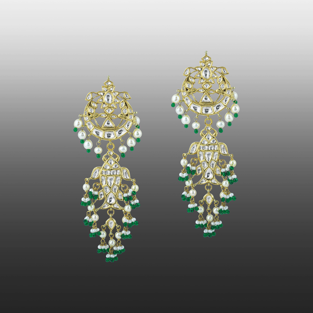 Polki Chandelier Earrings with Green Beads and Pearl Cascades